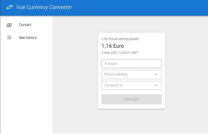 Vue Currency Converter application interface